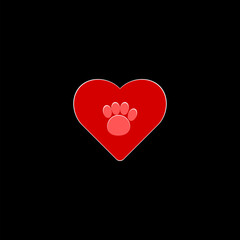 Love paw icon. Paw print with a heart symbol  isolated on black background 