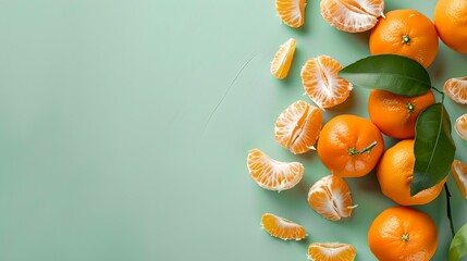 Fresh citrus fruits on a vivid green background, a healthy lifestyle concept. Tangerines with leaves, peeled and whole. Vibrant, colorful food photography. Ideal for recipe visuals. AI - obrazy, fototapety, plakaty