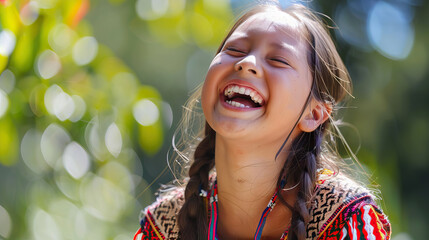 A Native American teenage girl with Down syndrome laughing joyfully, expressing happiness and...