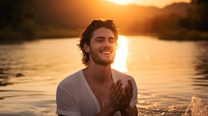 Handsome young man in worship in a river at sunset.