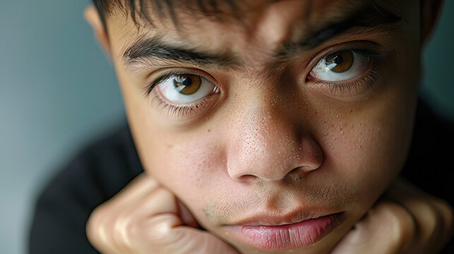 A biracial young man with Down syndrome looking thoughtful and introspective, with a contemplative expression. Learning Disability. - Powered by Adobe