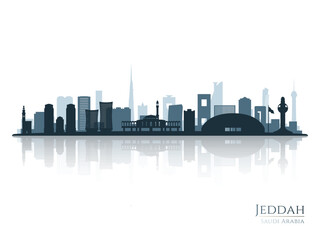 Jeddah skyline silhouette with reflection. Landscape Jeddah, Saudi Arabia. Vector illustration. - 767814809