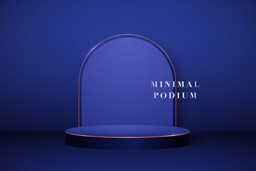 Blue minimalist podium with arch on dark blue background - 767814853