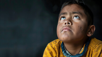 A Latino boy with Down syndrome showing sadness and contemplation, with a thoughtful expression. Learning Disability - obrazy, fototapety, plakaty