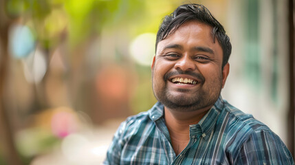 A South Asian man with Down syndrome smiling gently, radiating kindness and warmth. Learning Disability