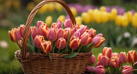 Spring tulips in a wicker basket  - 767815056
