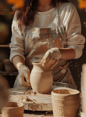 attractive woman wearing overalls and white gloves, sitting at the potter's wheel