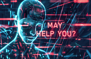 A digital illustration of an AI head with the words "MAY I HELP YOU" written on it