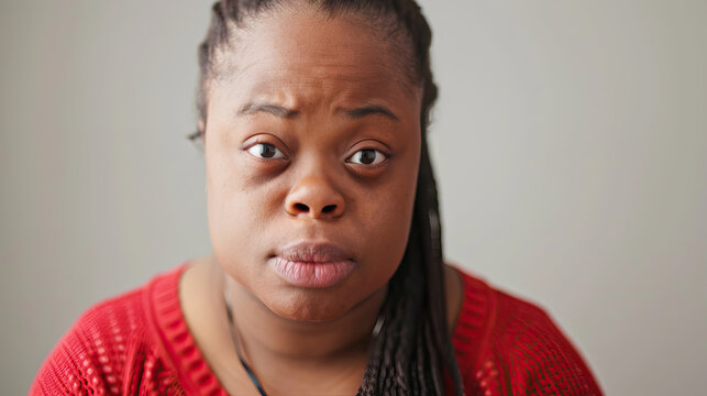 An African American woman with Down syndrome looking determined and confident, with a focused gaze. Learning Disability