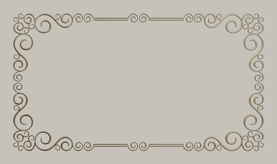Decorative rectangular framework with vignettes. Golden metallic material. 3D render.