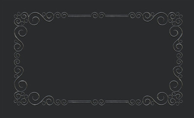 Decorative rectangular framework with vignettes. White scratched steel material on dark. 3D render.