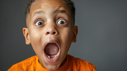 A biracial boy with Down syndrome showing excitement and surprise, with wide eyes and an open...