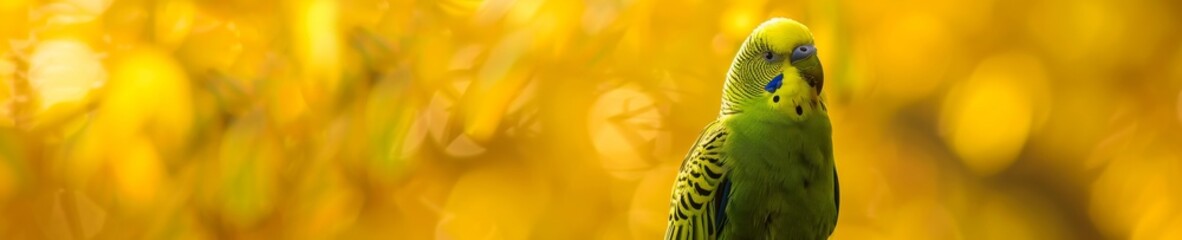 A bright green parakeet, head cocked to the side, against a backdrop of springtime yellow