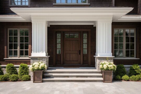 Main entrance door in house. Wooden front door with gabled porch and landing.