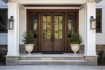 Main entrance door in house. Wooden front door with gabled porch and landing.