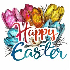 word Happy Easter colorful handwritten delicately and elegantly, fine graceful lines, fine line in ink isolated white background