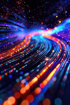 A fluid, digital stream coursing through a network of neonlit channels, depicting the fastpaced flow of information