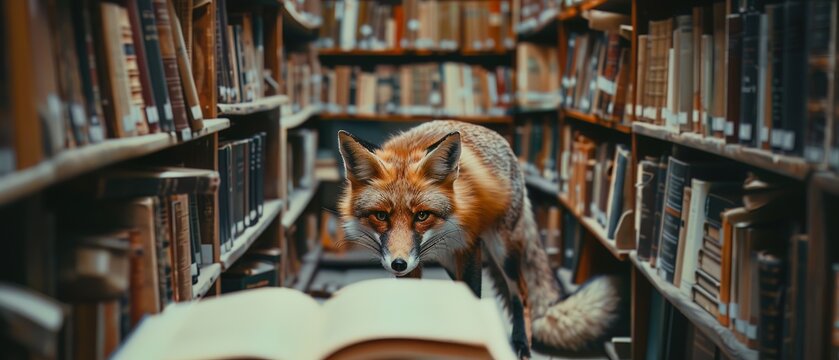 A fox sneaking through a corporate library, representing cunning and strategic thinking in business research