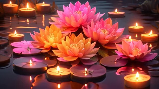 Beautiful lotus flowers and candles on the water with reflection, Happy Diwali festival of lights background with diya and flowers, AI Generated
