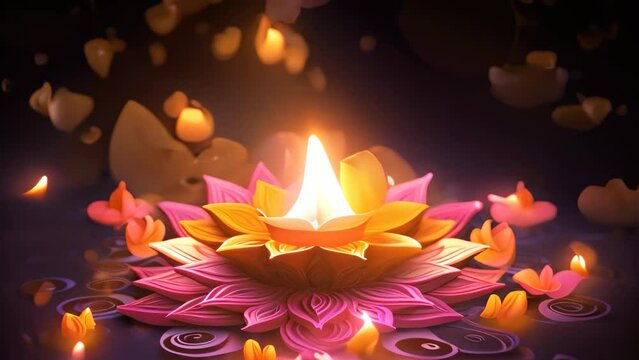 Happy Diwali festival of lights background with diya. Vector illustration, Happy Diwali festival of lights background with diya and flowers, AI Generated