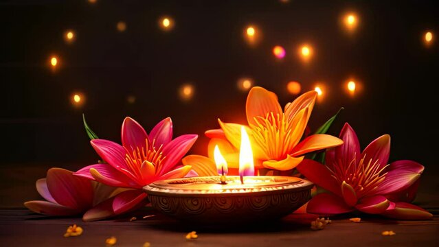 Beautiful spa composition with burning candle and lotus flowers on dark background, Happy Diwali festival of lights background with diya and flowers, AI Generated