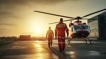 male paramedics go to modern Red medical helicopter, emergency aircraft - obrazy, fototapety, plakaty
