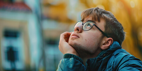 Teen with Down Syndrome Deep in Thought. Learning Disability
