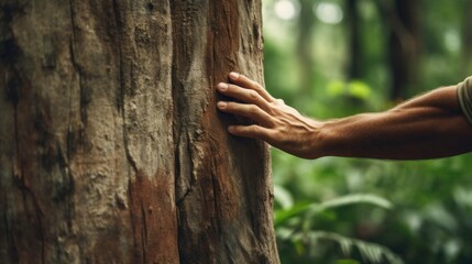 hand touch the tree trunk. Bark wood.Caring for the environment.
