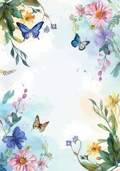Watercolor invitation card with colorful frame or border wildflowers and greenery. a washed watercolor background Include butterflies fluttering around the flowers. into the frame copy space for text.