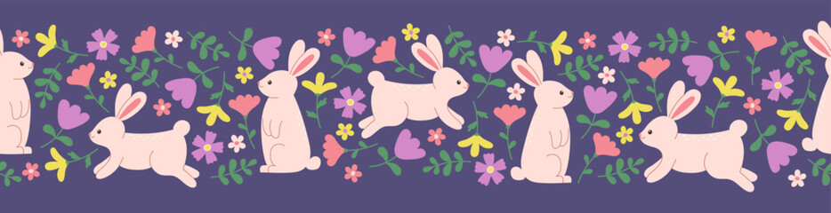 Seamless border of cute rabbits and flowers on dark blue background. Template for postcard, card, print. Vector illustration