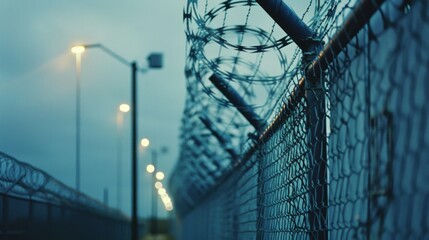 rows of barbedwire, high concrete fence, barbed wire fence on top, - obrazy, fototapety, plakaty