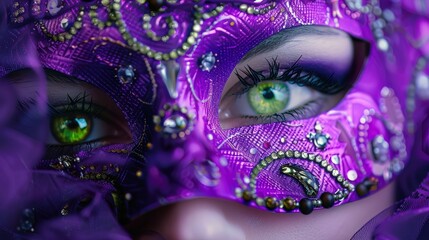 Bright green eyes peering through a purple masquerade mask, conveying mystery and allure through color contrast