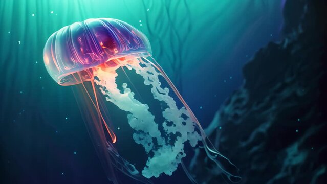 Jellyfish floating in deep blue water. 3d illustration, Jellyfish in the deep blue ocean. 3d illustration, AI Generated
