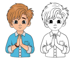Cute praying boy teenager with folded hands in prayer. Linear hand and color drawing. Religious believer male character.