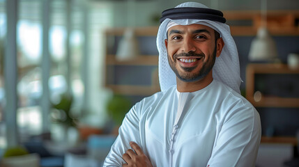 A smiling Emirati businessman Wearing UAE Emirati Traditional Dress, Emirati kandura, stands in his office, Arabian man in the Emirates, generative ai.