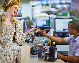 Supermarket, credit card and royal woman with costume for grocery shopping, buying or product....