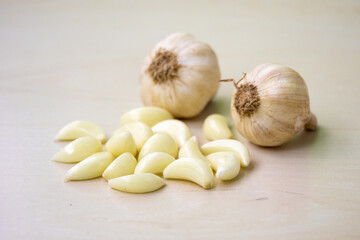 Fresh garlic cloves and whole garlic isolated on a wooden background. Its scientific name is Allium sativum. Locally in Bangladesh, it is called Rosun. 