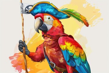A cheerful parrot in a pirate hat, waving a tiny flag with a smile on its face. Illustration On a clear white background 