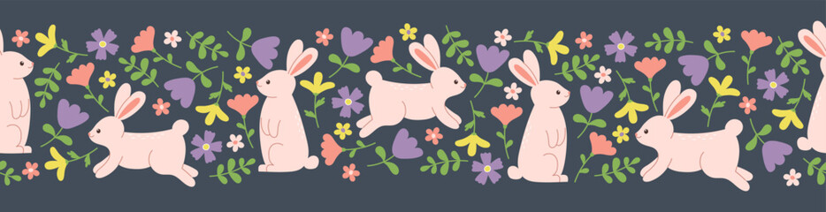 Seamless border of cute rabbits and flowers on dark blue background. Template for postcard, card, print. Vector illustration