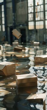 Closeup of various sized cardboard boxes floating in murky floodwater, against the backdrop of a warehouse, depicting loss