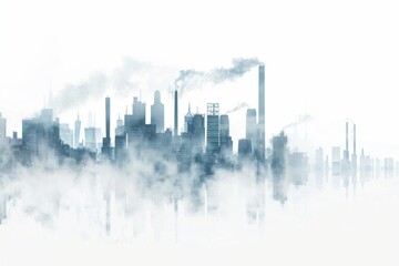 A city skyline with smokestacks emitting harmful pollutants into the air.