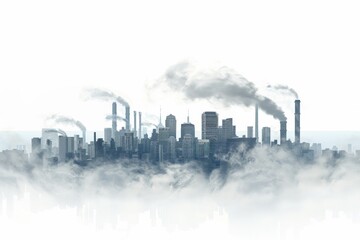 A city skyline with smokestacks emitting harmful pollutants into the air. 