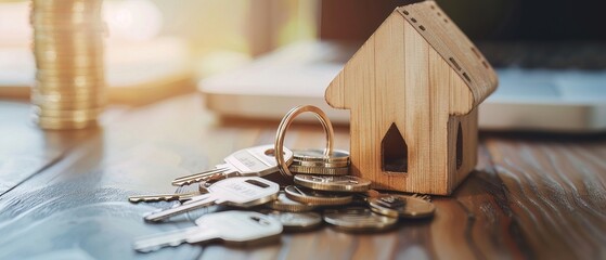 Morning light caressing a small wooden house model and keys, conveying property investment