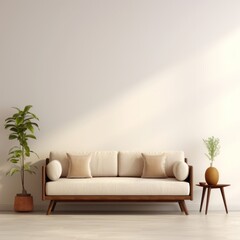 Mid century style sofa against beige empty wall with copy space.