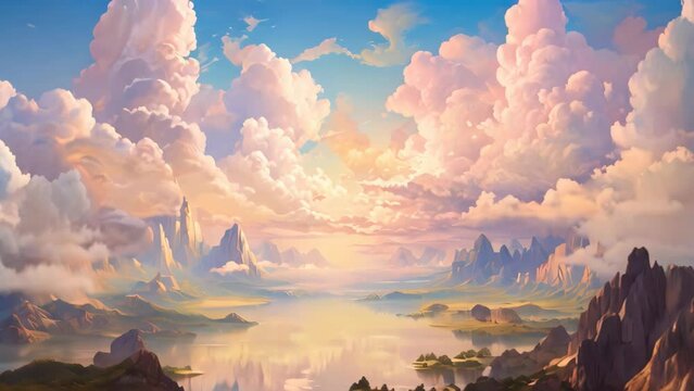 Fantasy landscape with mountains and lake. 3d render illustration, landscape with clouds, AI Generated