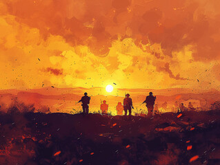 Fototapeta premium Golden sunset over a war-torn landscape, low angle, warm tones, silhouette soldiers