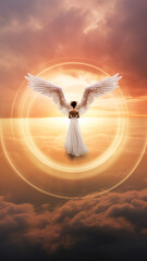 vertical background heavenly landscape, angel in heaven in the light of the sun with wings on the background of sunset, religious faith concept - 767816457