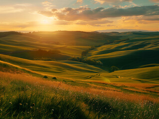 Fototapeta premium Majestic Spring Sunset Over Rolling Fields