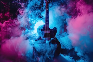 The electric allure of a guitar poised for play, amidst a mystic dance of blue and pink stage smoke