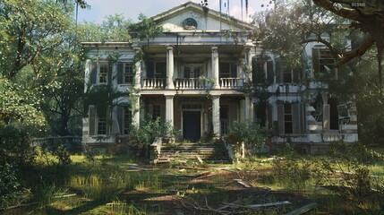 The faded elegance of a forgotten plantation house, with a sweeping veranda, shuttered windows, and sprawling gardens filled with overgrown magnolia trees.